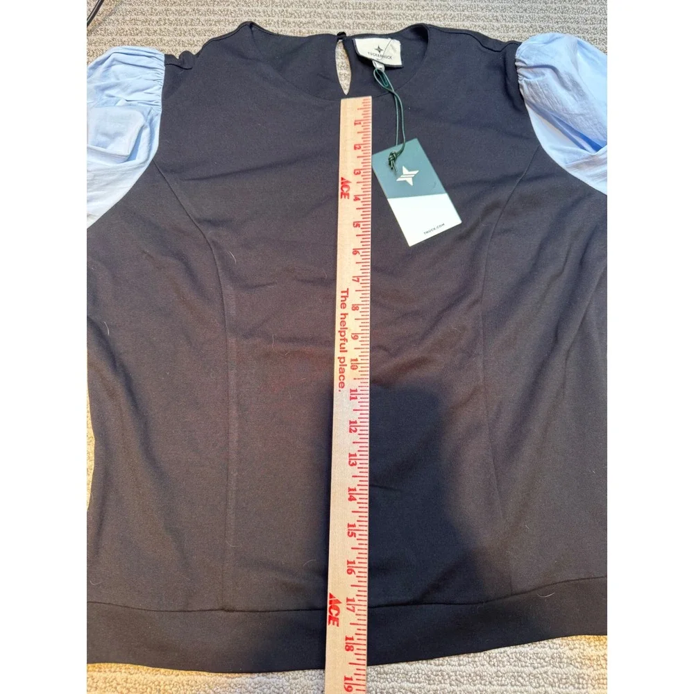 Tuckernuck‎ Mixed Media Puff Sleeve Top Black Blue XL Y24155T